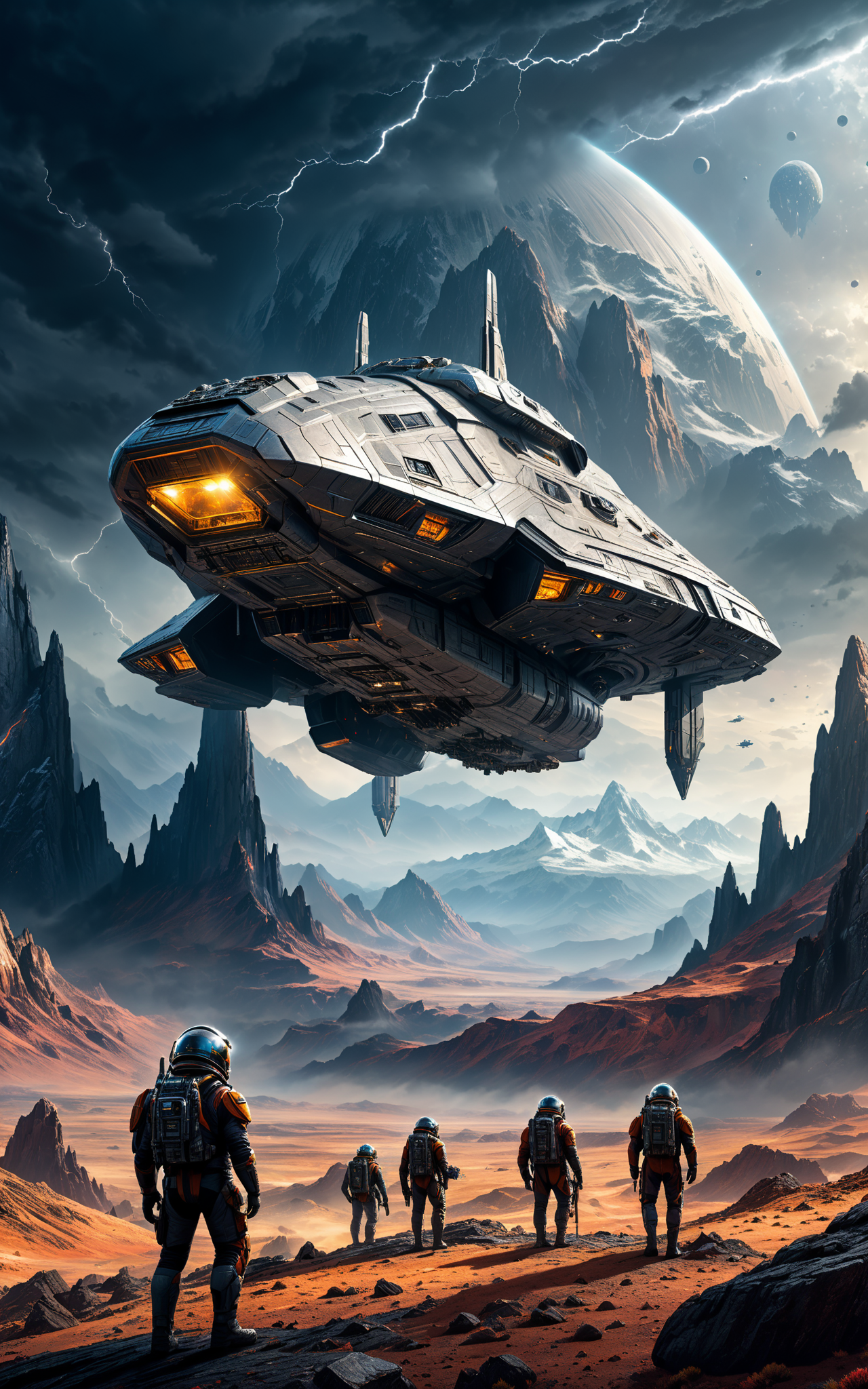 03320-1884063268-spaceship and its crew on an unknown planet, mountains and rocks in the background, stormy sky, Science Fiction artwork, complex.png